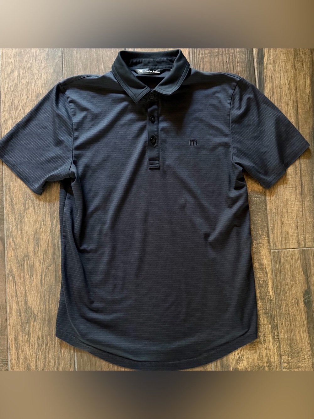 Travis Mathew Navy Pinstriped Polo Sz S